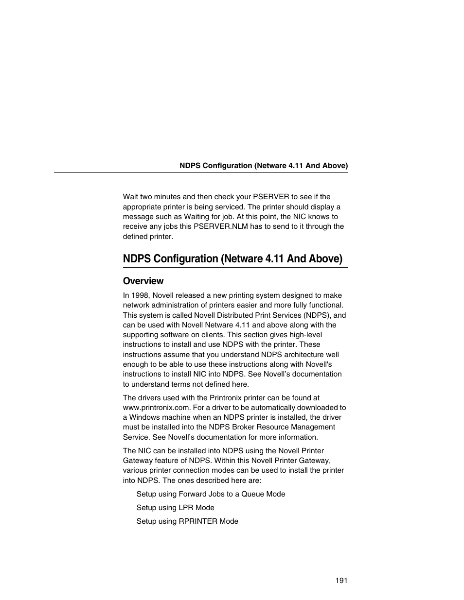 Ndps configuration (netware 4.11 and above) | Printronix Network Interface Card User Manual | Page 191 / 378