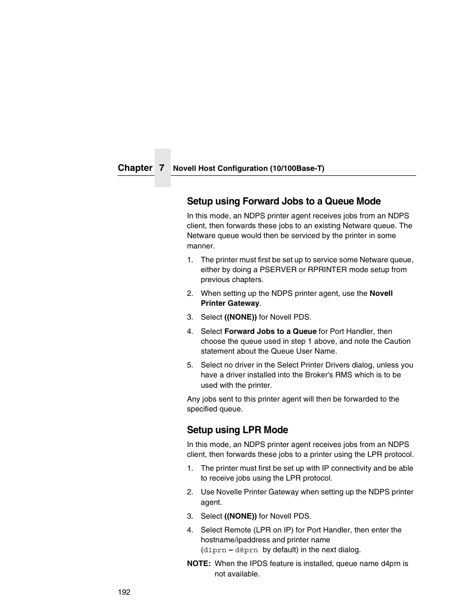 Setup using forward jobs to a queue mode, Setup using lpr mode | Printronix Network Interface Card User Manual | Page 192 / 378