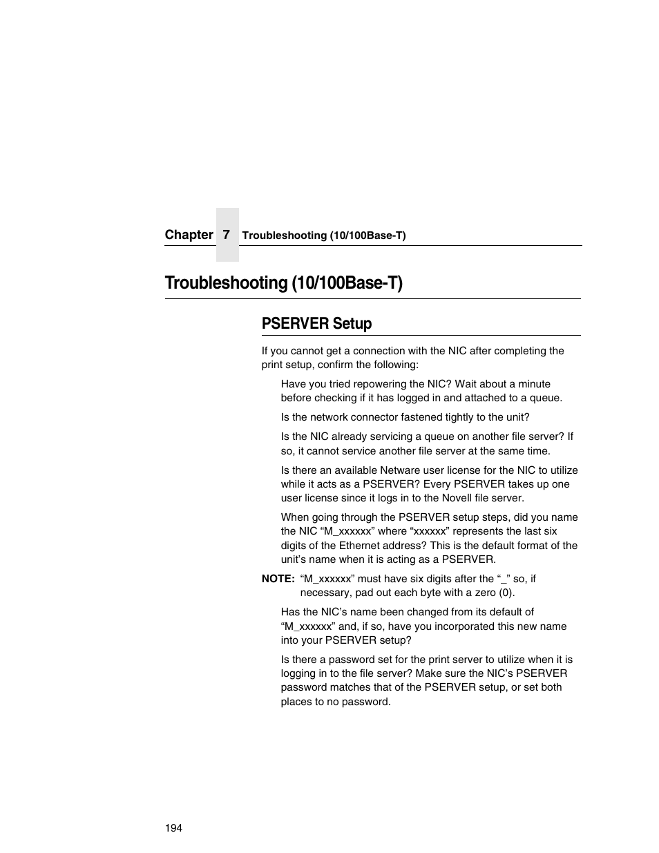 Troubleshooting (10/100base-t), Pserver setup | Printronix Network Interface Card User Manual | Page 194 / 378