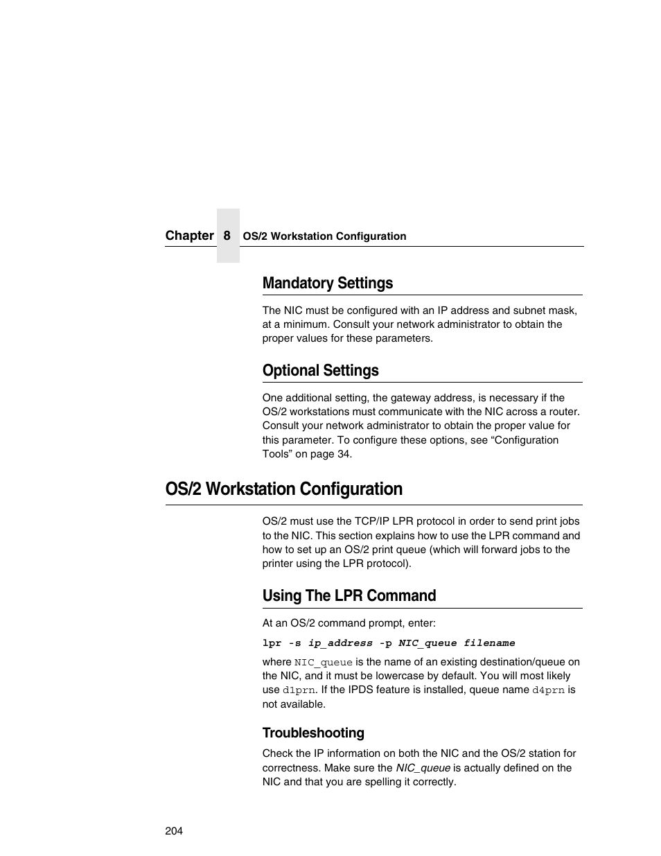 Mandatory settings, Optional settings, Os/2 workstation configuration | Using the lpr command | Printronix Network Interface Card User Manual | Page 204 / 378