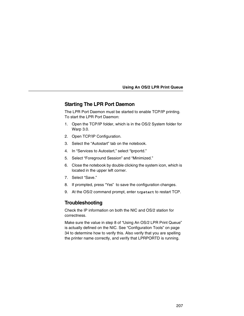 Starting the lpr port daemon, Troubleshooting | Printronix Network Interface Card User Manual | Page 207 / 378