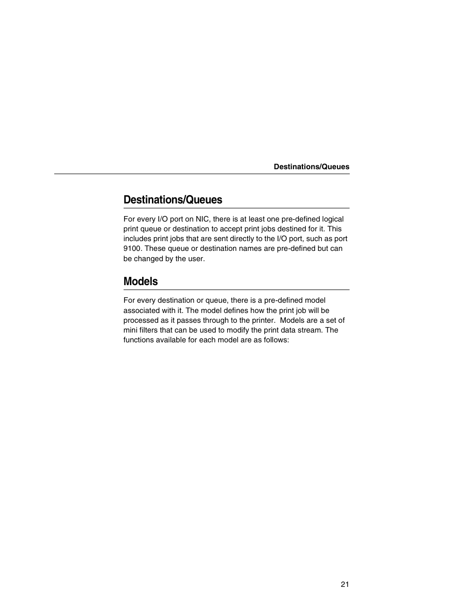 Destinations/queues, Models | Printronix Network Interface Card User Manual | Page 21 / 378