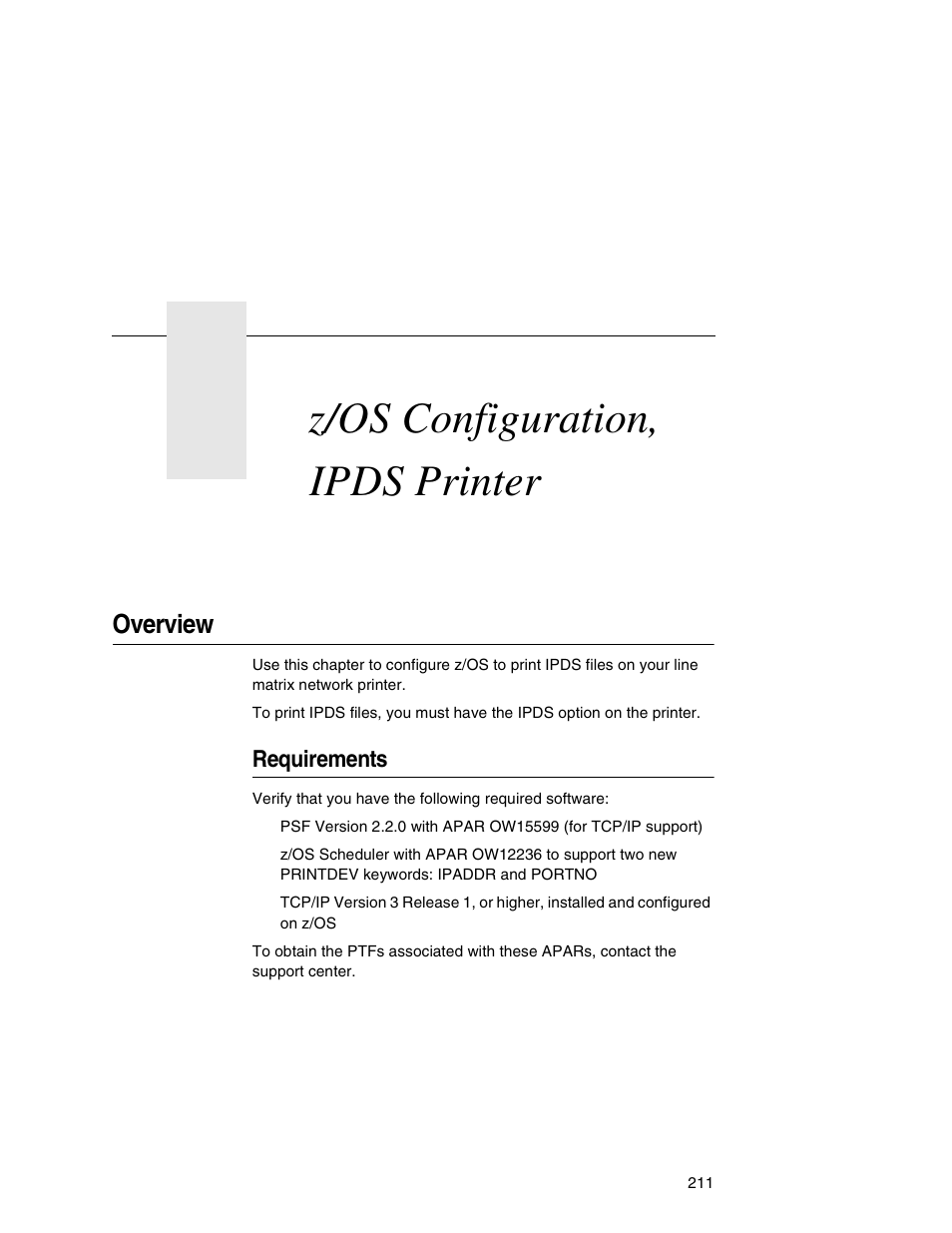 9 z/os configuration, ipds printer, Overview, Requirements | Z/os configuration, ipds printer | Printronix Network Interface Card User Manual | Page 211 / 378