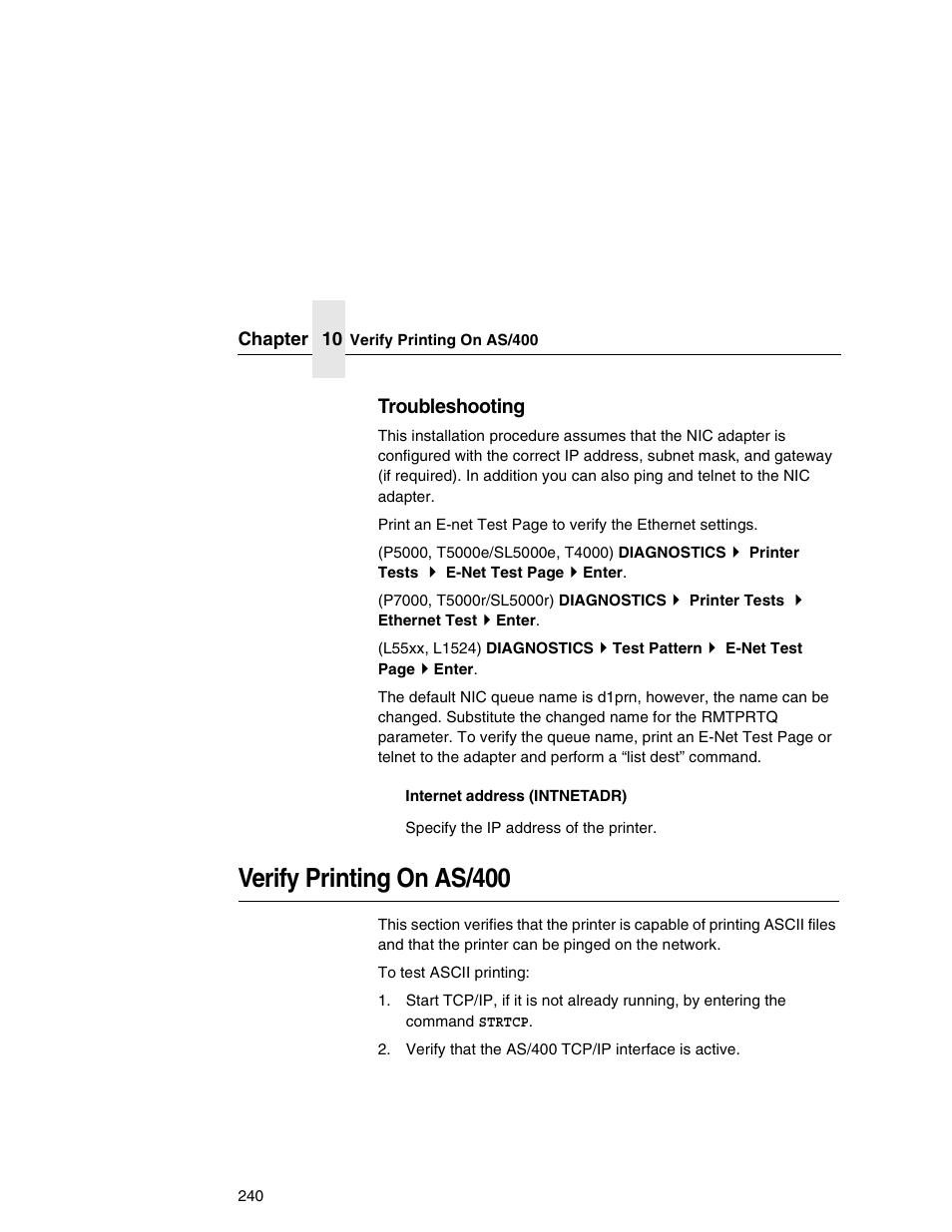 Verify printing on as/400, Troubleshooting | Printronix Network Interface Card User Manual | Page 240 / 378