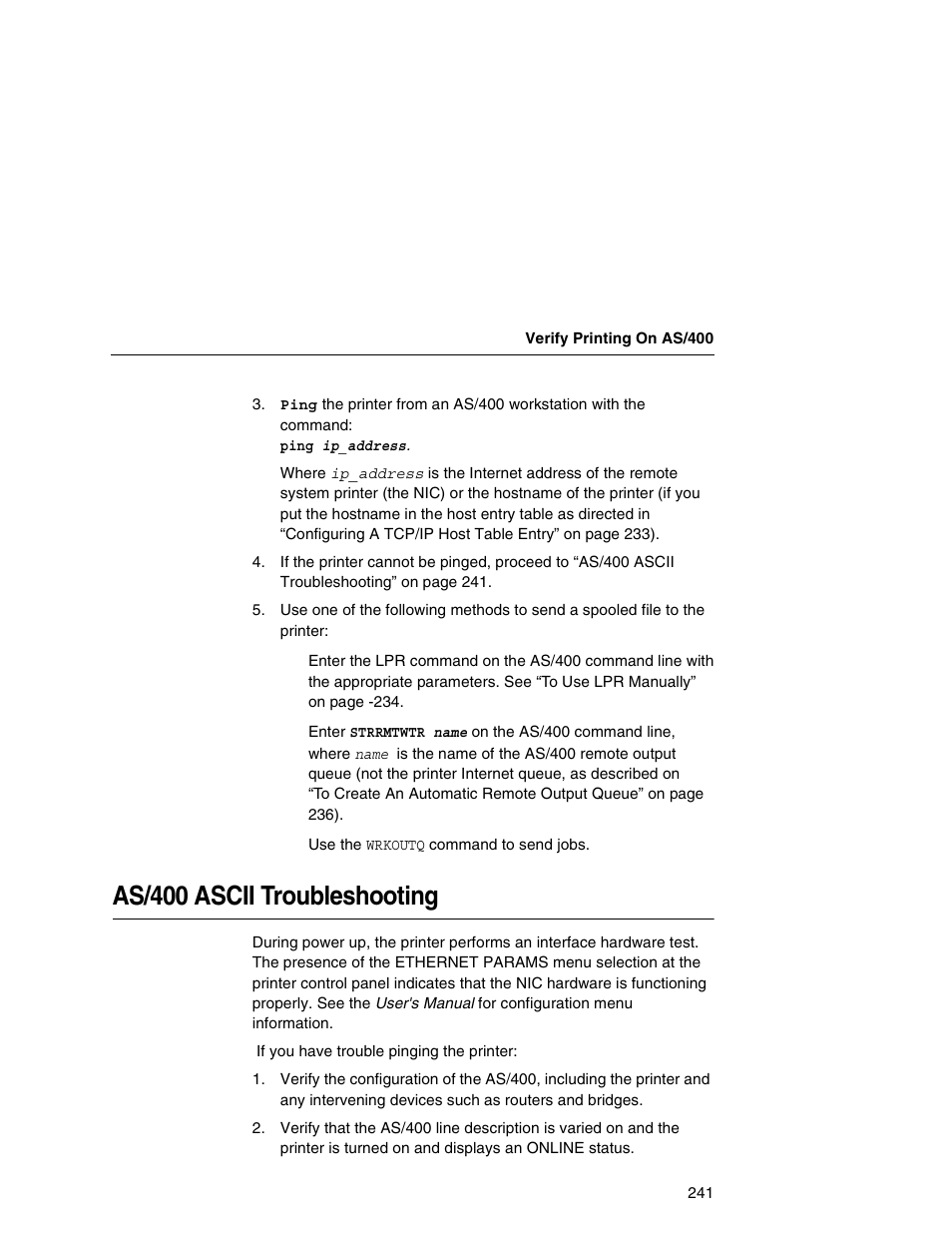 As/400 ascii troubleshooting | Printronix Network Interface Card User Manual | Page 241 / 378