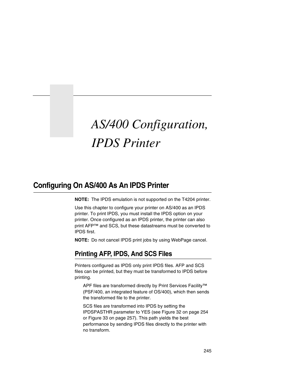 11 as/400 configuration, ipds printer, Configuring on as/400 as an ipds printer, Printing afp, ipds, and scs files | As/400 configuration, ipds printer | Printronix Network Interface Card User Manual | Page 245 / 378