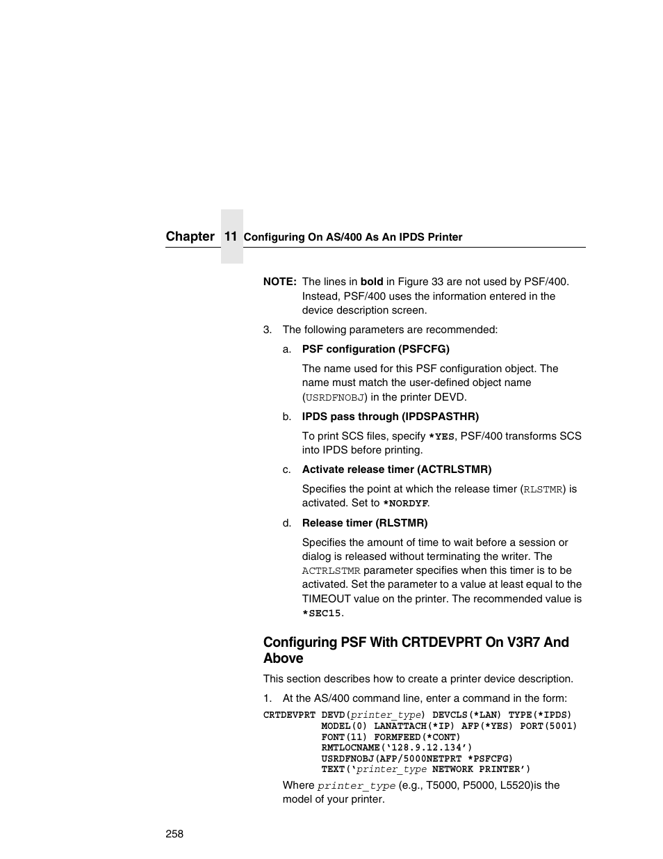 Configuring psf with crtdevprt on v3r7 and above | Printronix Network Interface Card User Manual | Page 258 / 378