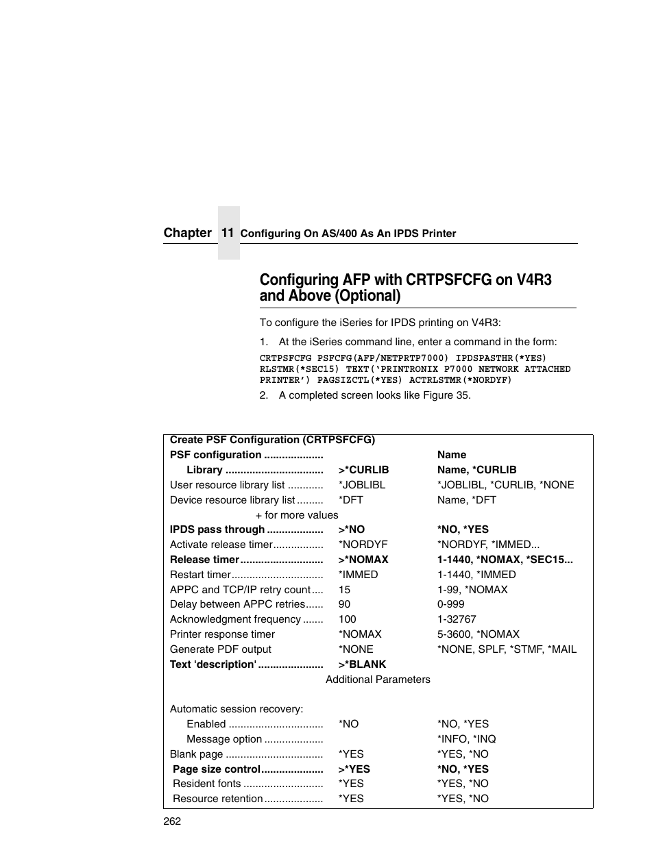 Configuring afp with crtpsfcfg on v4r3 and, Above (optional) | Printronix Network Interface Card User Manual | Page 262 / 378