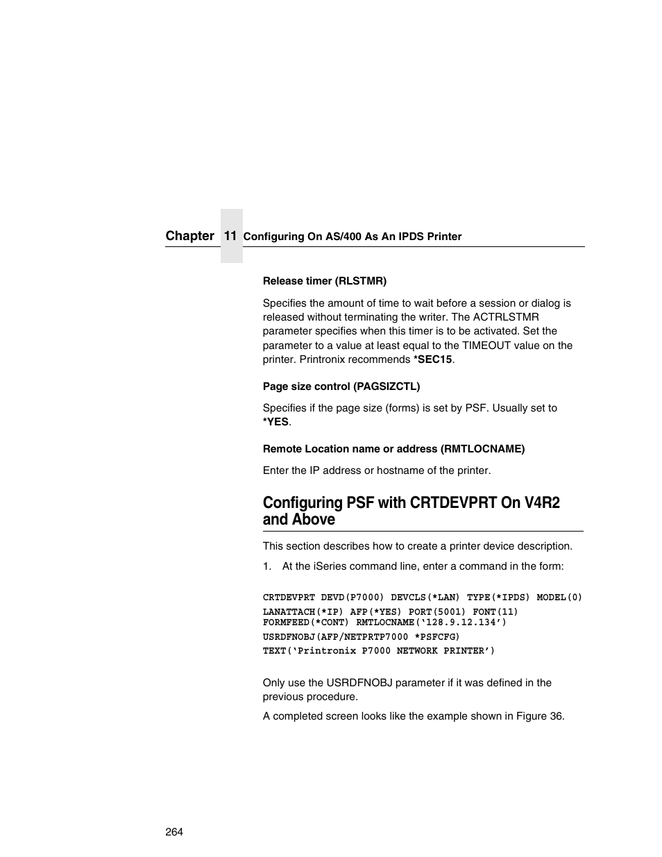 Configuring psf with crtdevprt on v4r2 and above, Configuring psf with crtdevprt on v4r2 and, Above | Printronix Network Interface Card User Manual | Page 264 / 378