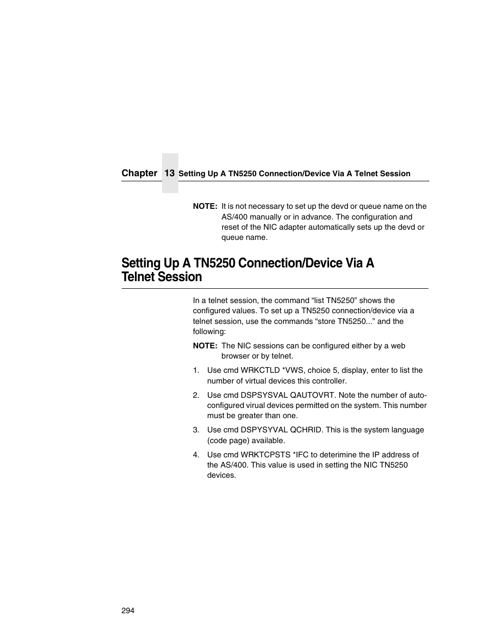 Setting up a tn5250 connection/device via a, Telnet session | Printronix Network Interface Card User Manual | Page 294 / 378