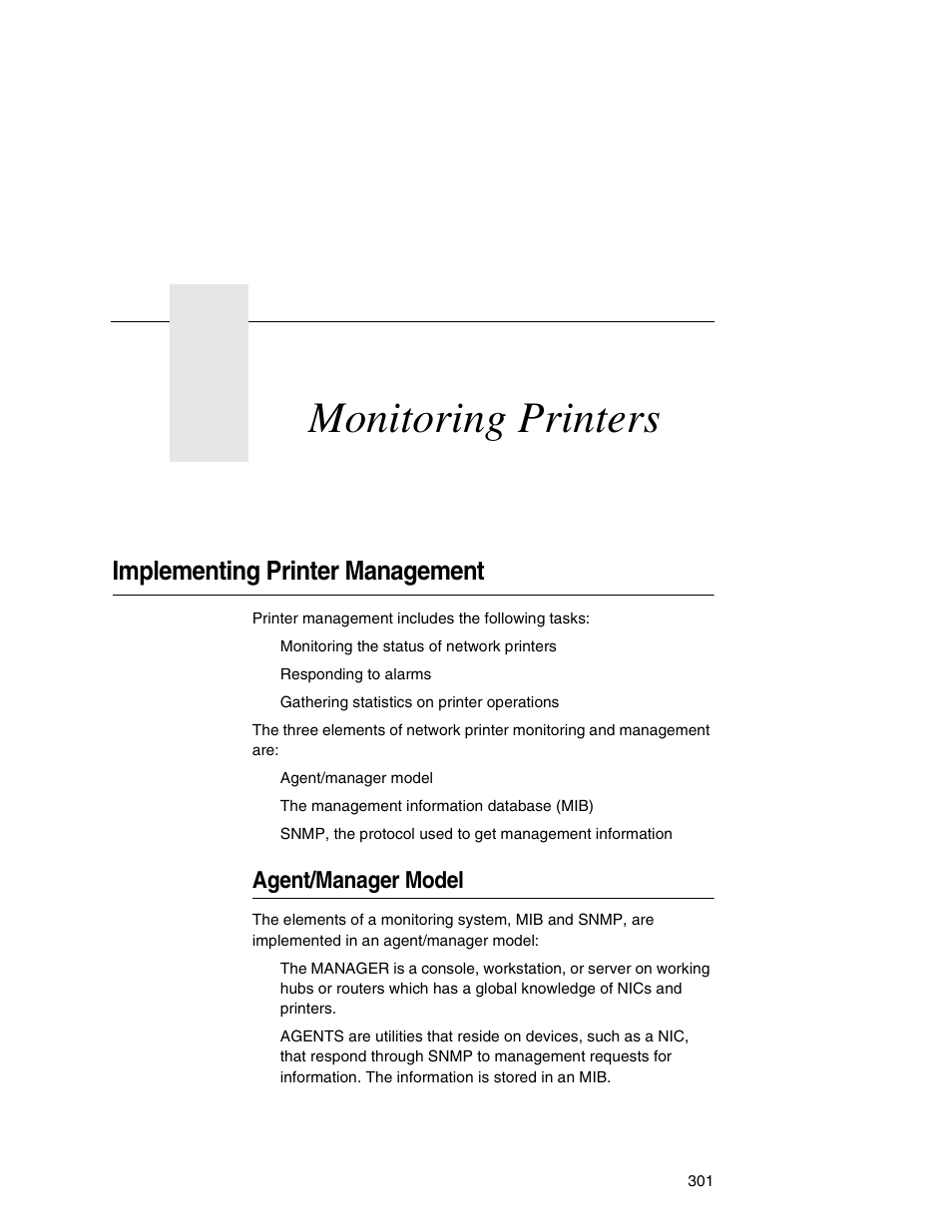 14 monitoring printers, Implementing printer management, Agent/manager model | Monitoring printers | Printronix Network Interface Card User Manual | Page 301 / 378