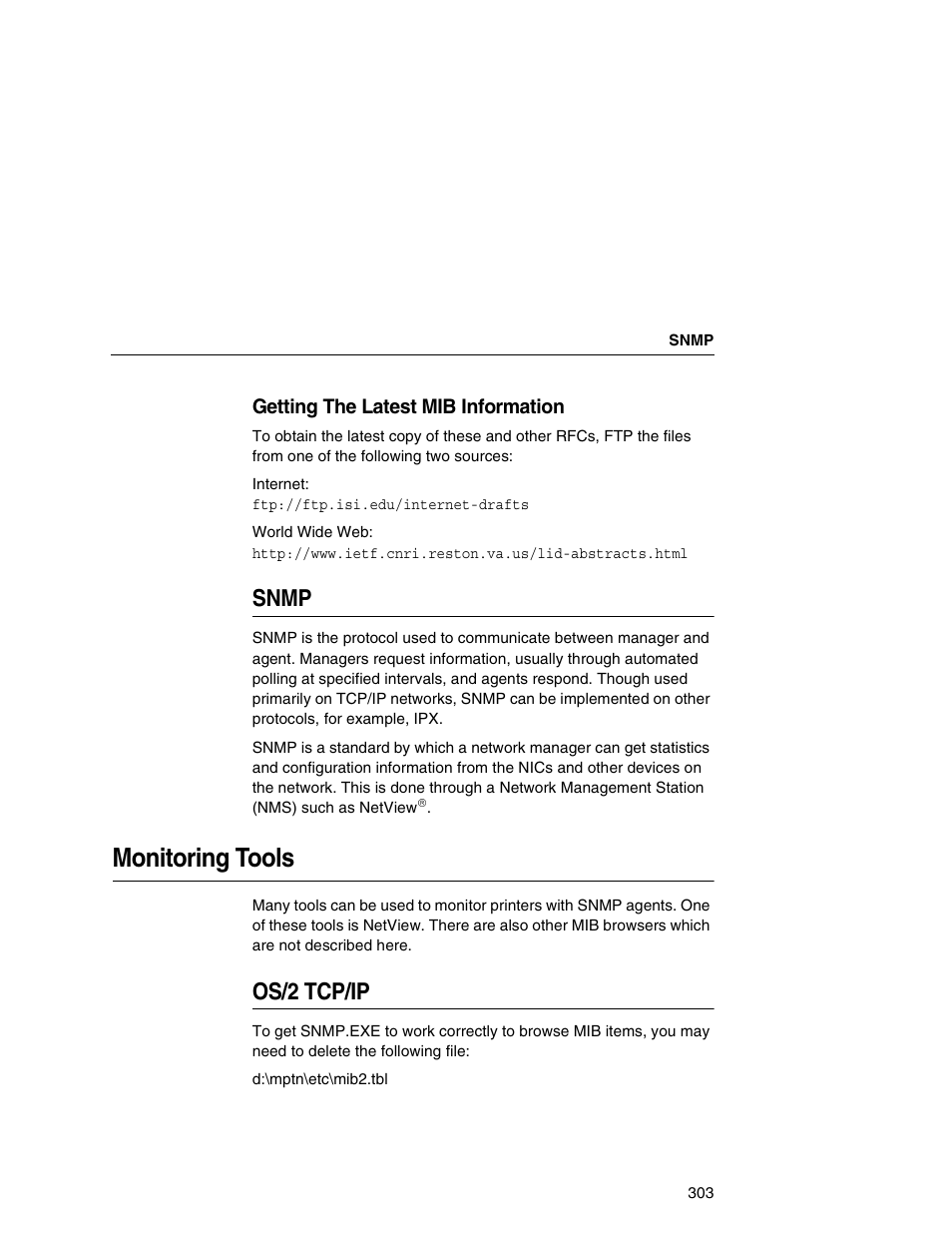 Snmp, Monitoring tools, Os/2 tcp/ip | Printronix Network Interface Card User Manual | Page 303 / 378