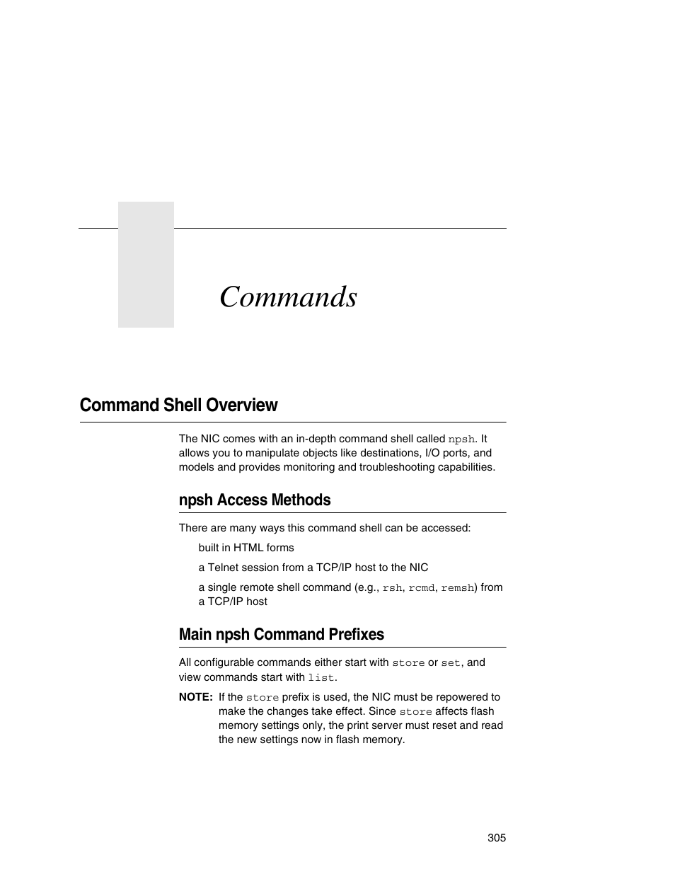 15 commands, Command shell overview, Npsh access methods | Main npsh command prefixes, Commands | Printronix Network Interface Card User Manual | Page 305 / 378