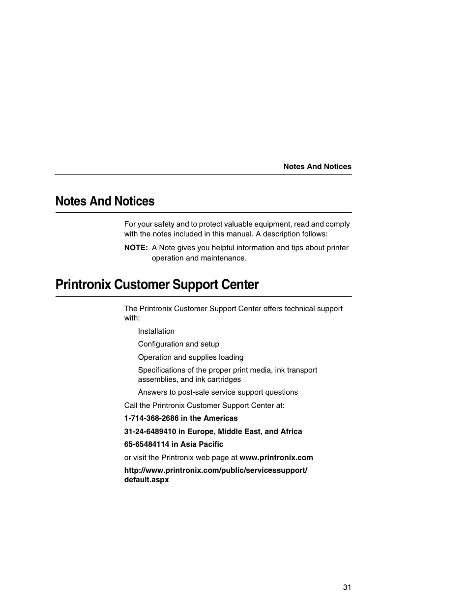 Notes and notices, Printronix customer support center | Printronix Network Interface Card User Manual | Page 31 / 378