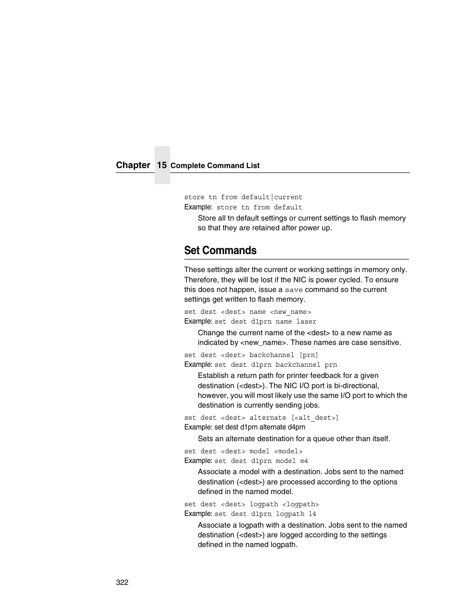 Set commands, Set dest <dest, Name <new_name | Printronix Network Interface Card User Manual | Page 322 / 378