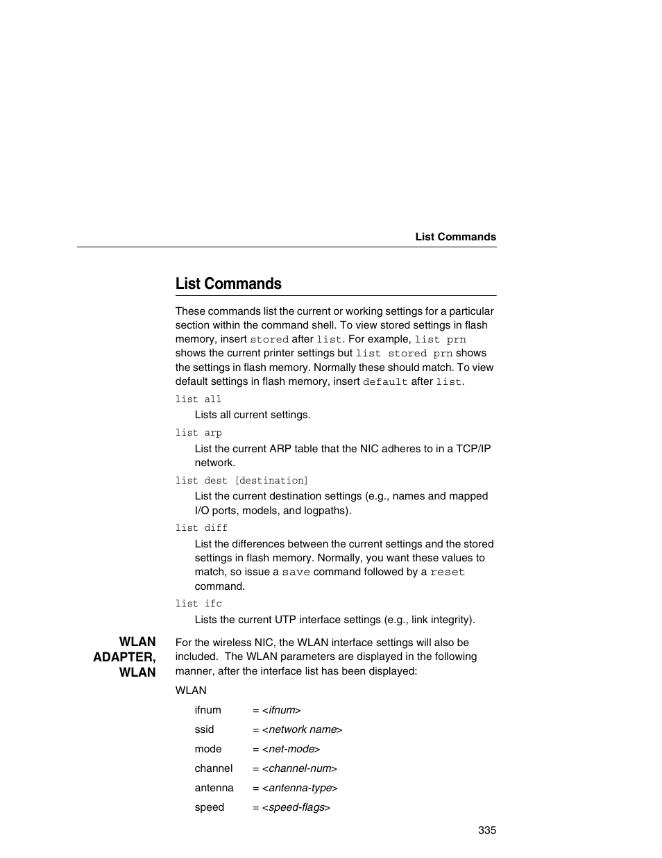 List commands | Printronix Network Interface Card User Manual | Page 335 / 378