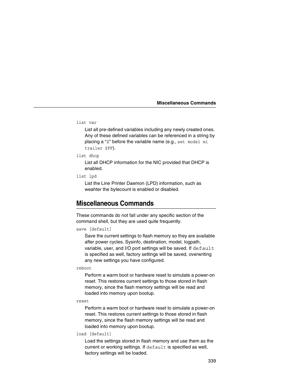 Miscellaneous commands | Printronix Network Interface Card User Manual | Page 339 / 378