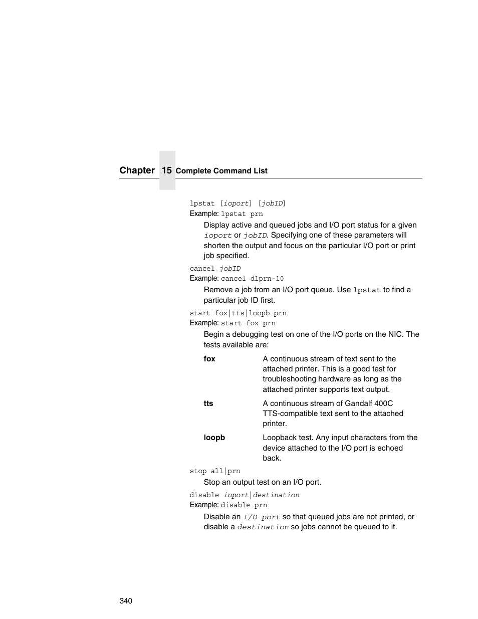 Start fox|tts|loopb prn | Printronix Network Interface Card User Manual | Page 340 / 378