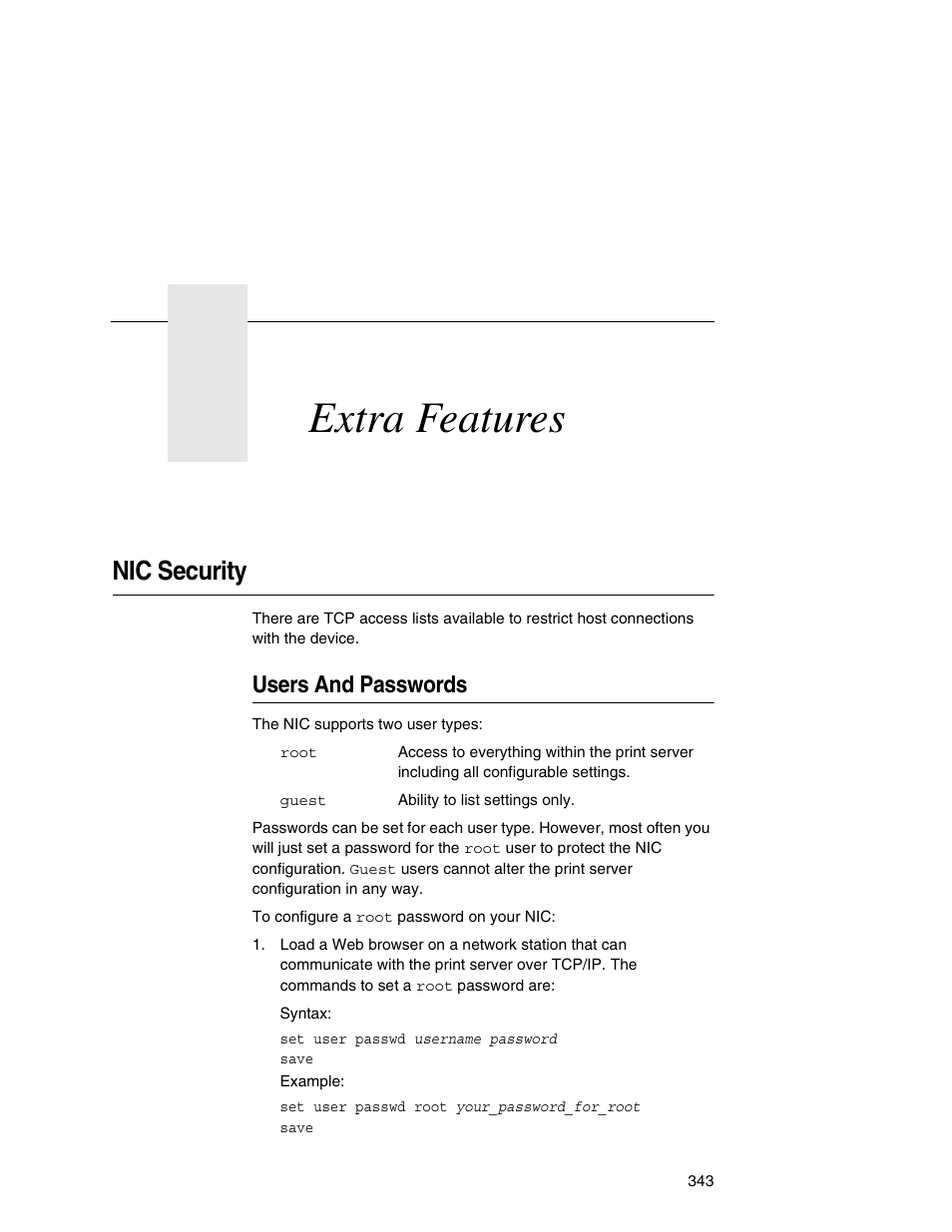 16 extra features, Nic security, Users and passwords | Extra features | Printronix Network Interface Card User Manual | Page 343 / 378