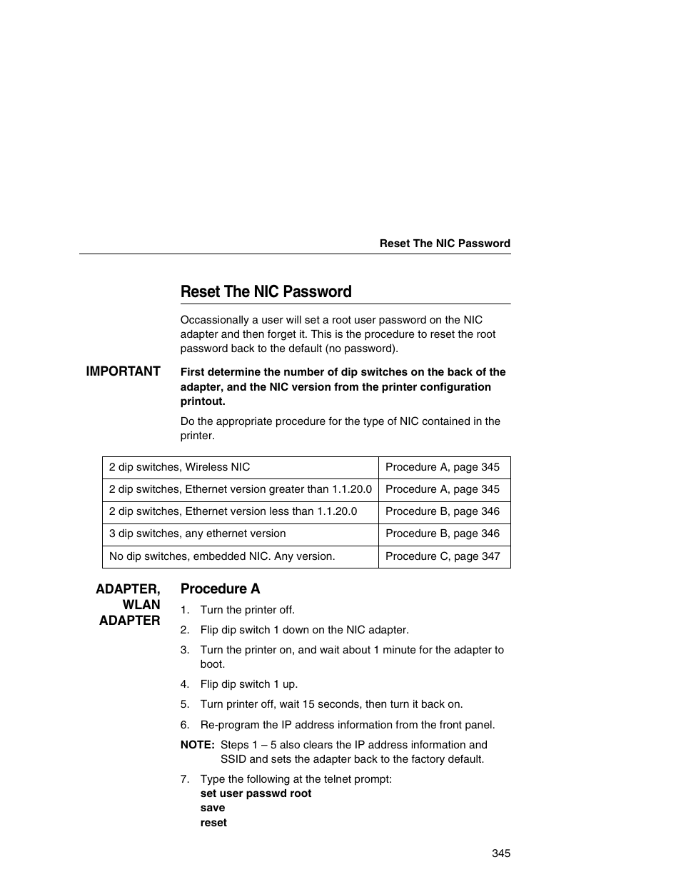 Reset the nic password, Procedure a | Printronix Network Interface Card User Manual | Page 345 / 378