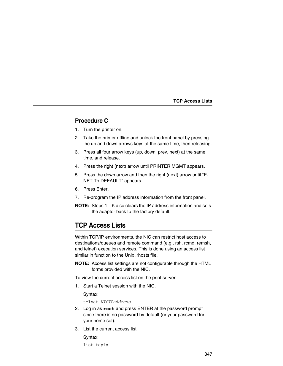 Tcp access lists, Ge 347, Procedure c | Printronix Network Interface Card User Manual | Page 347 / 378