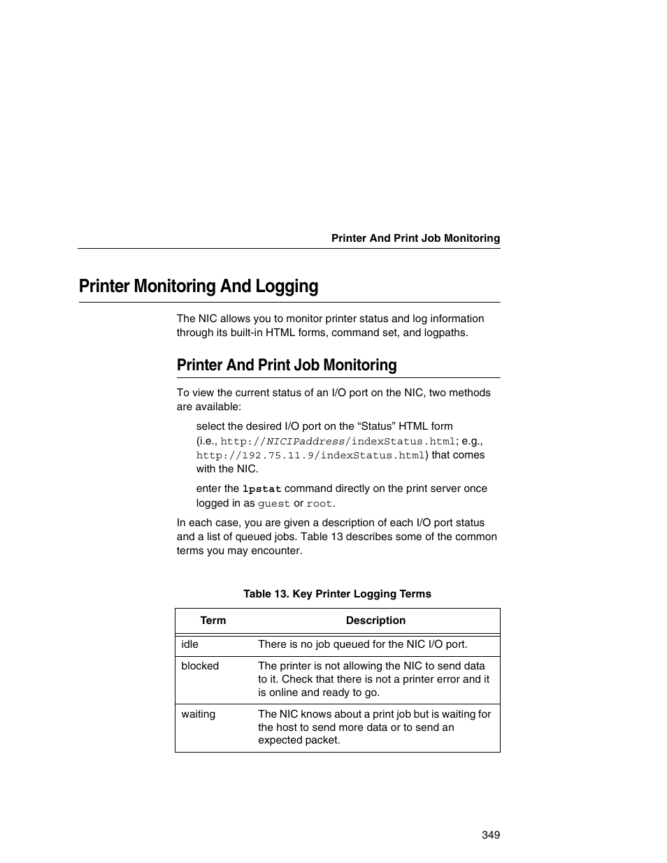 Printer monitoring and logging, Printer and print job monitoring | Printronix Network Interface Card User Manual | Page 349 / 378