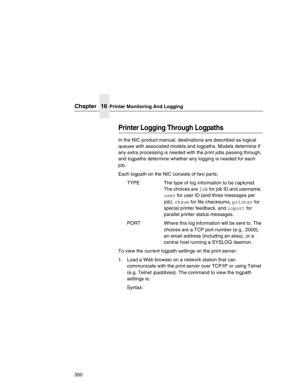 Printer logging through logpaths | Printronix Network Interface Card User Manual | Page 350 / 378