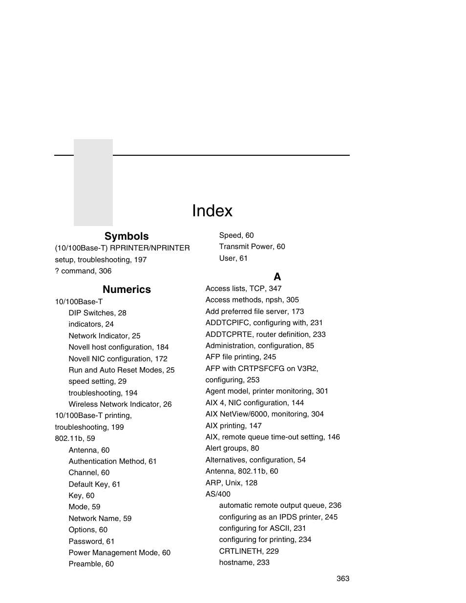 Symbols, Numerics, Index | Printronix Network Interface Card User Manual | Page 363 / 378