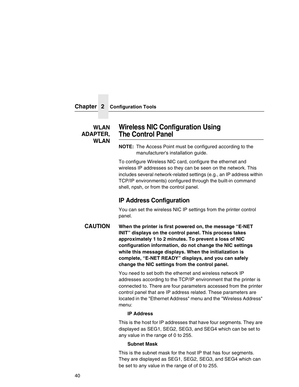 Wireless nic configuration using the control panel, Wireless nic configuration using, The control panel | Printronix Network Interface Card User Manual | Page 40 / 378