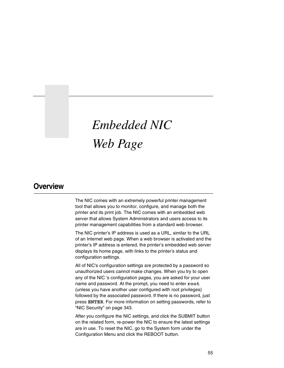 Overview, Embedded nic web page | Printronix Network Interface Card User Manual | Page 55 / 378