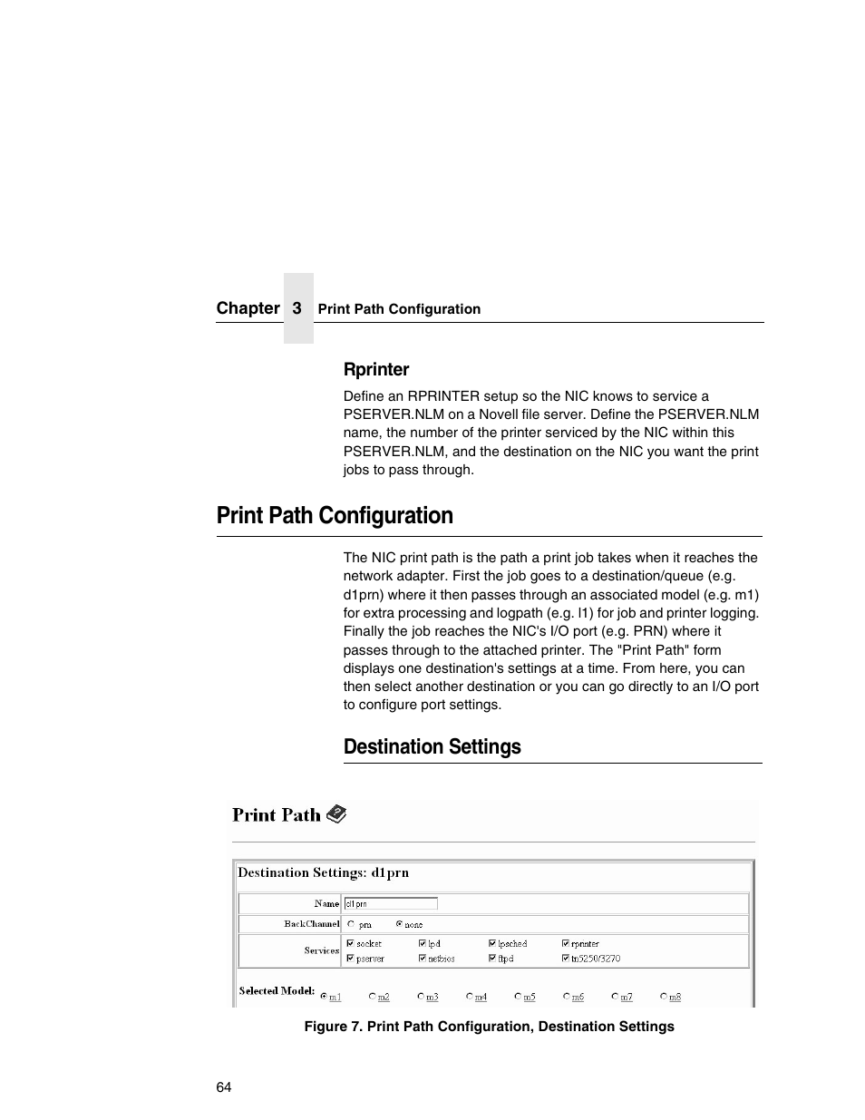 Print path configuration, Destination settings | Printronix Network Interface Card User Manual | Page 64 / 378