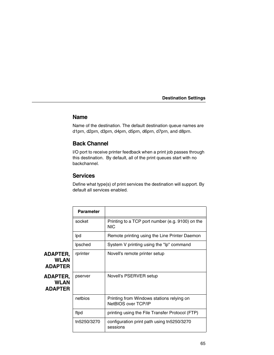 Name, Back channel, Services | Printronix Network Interface Card User Manual | Page 65 / 378