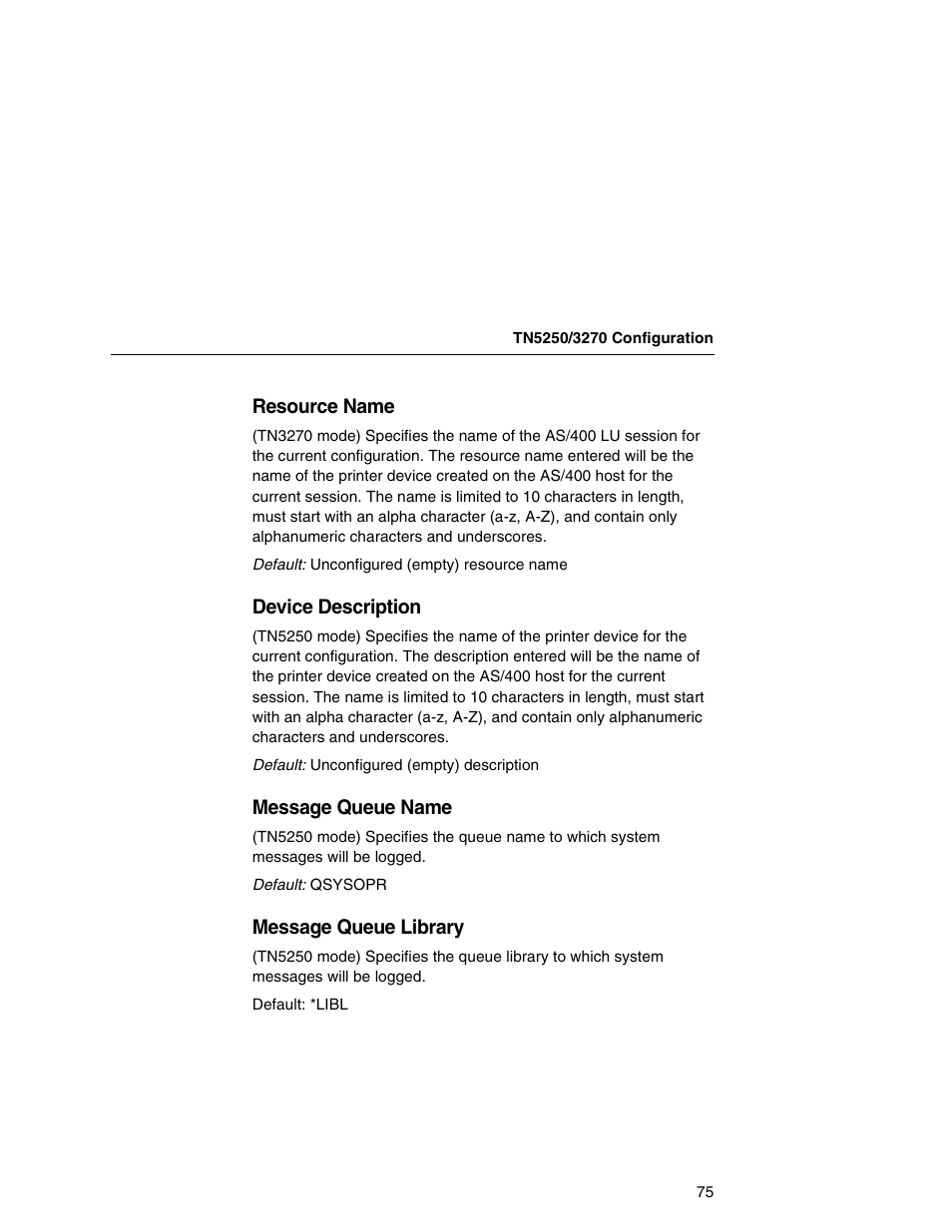 Resource name, Device description, Message queue name | Message queue library | Printronix Network Interface Card User Manual | Page 75 / 378