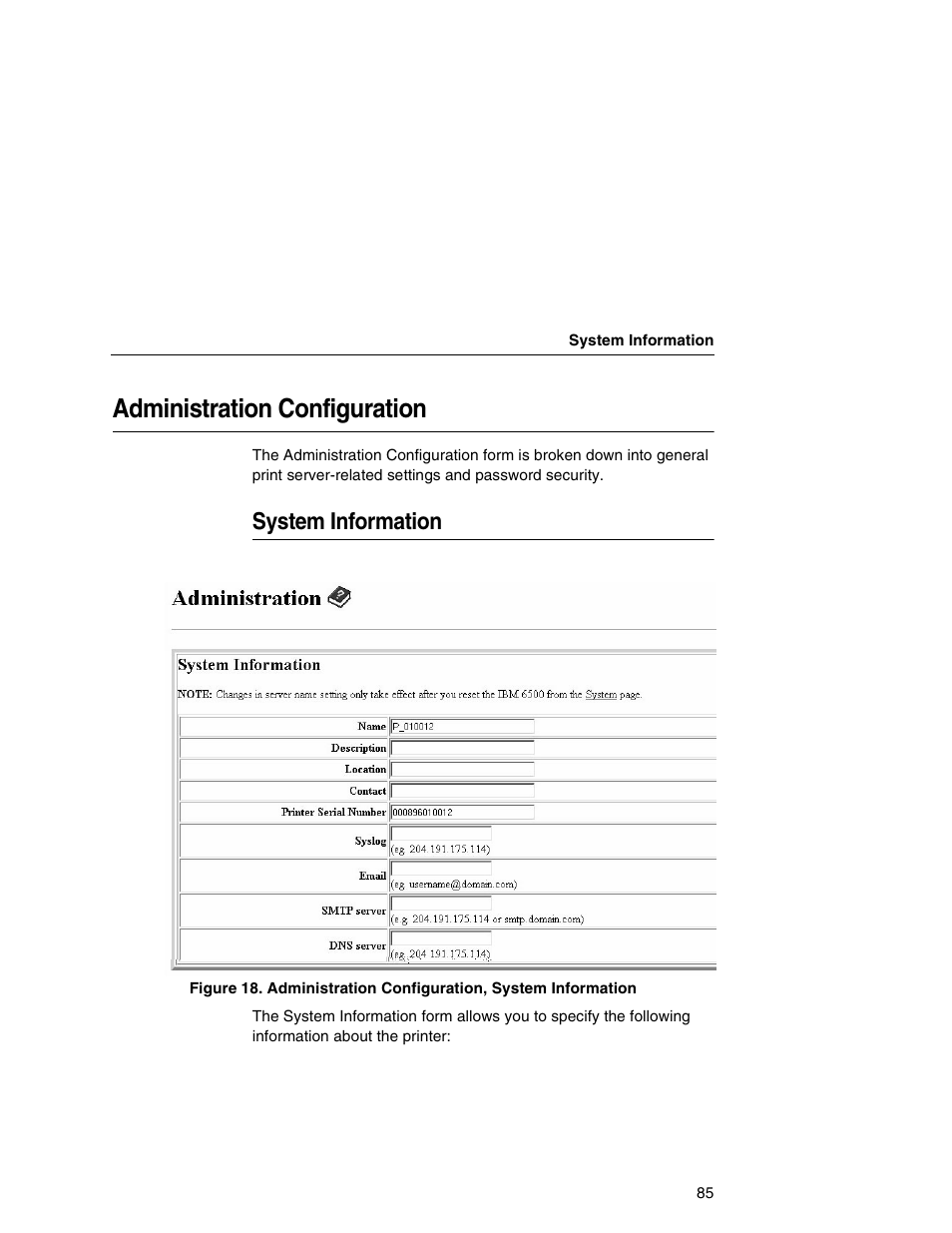 Administration configuration, System information | Printronix Network Interface Card User Manual | Page 85 / 378