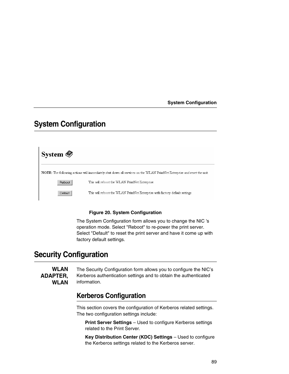 System configuration, Security configuration, Kerberos configuration | Printronix Network Interface Card User Manual | Page 89 / 378