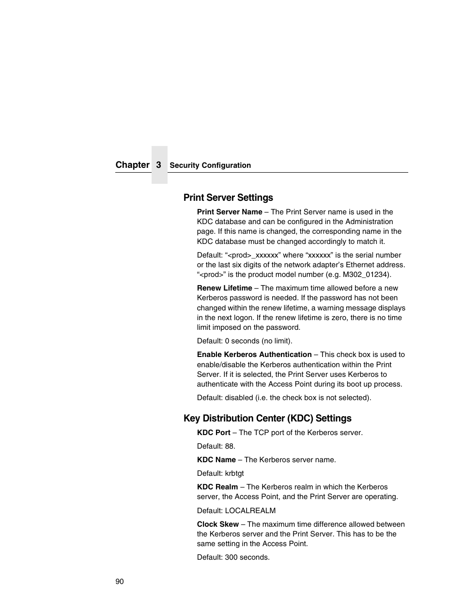 Print server settings, Key distribution center (kdc) settings | Printronix Network Interface Card User Manual | Page 90 / 378