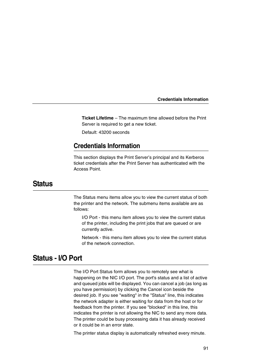 Credentials information, Status, Status - i/o port | Printronix Network Interface Card User Manual | Page 91 / 378