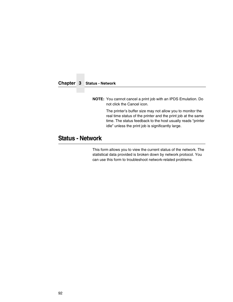 Status - network | Printronix Network Interface Card User Manual | Page 92 / 378