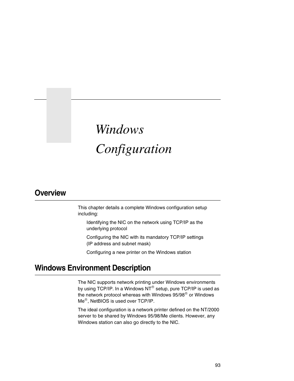 4 windows configuration, Overview, Windows environment description | Windows configuration | Printronix Network Interface Card User Manual | Page 93 / 378