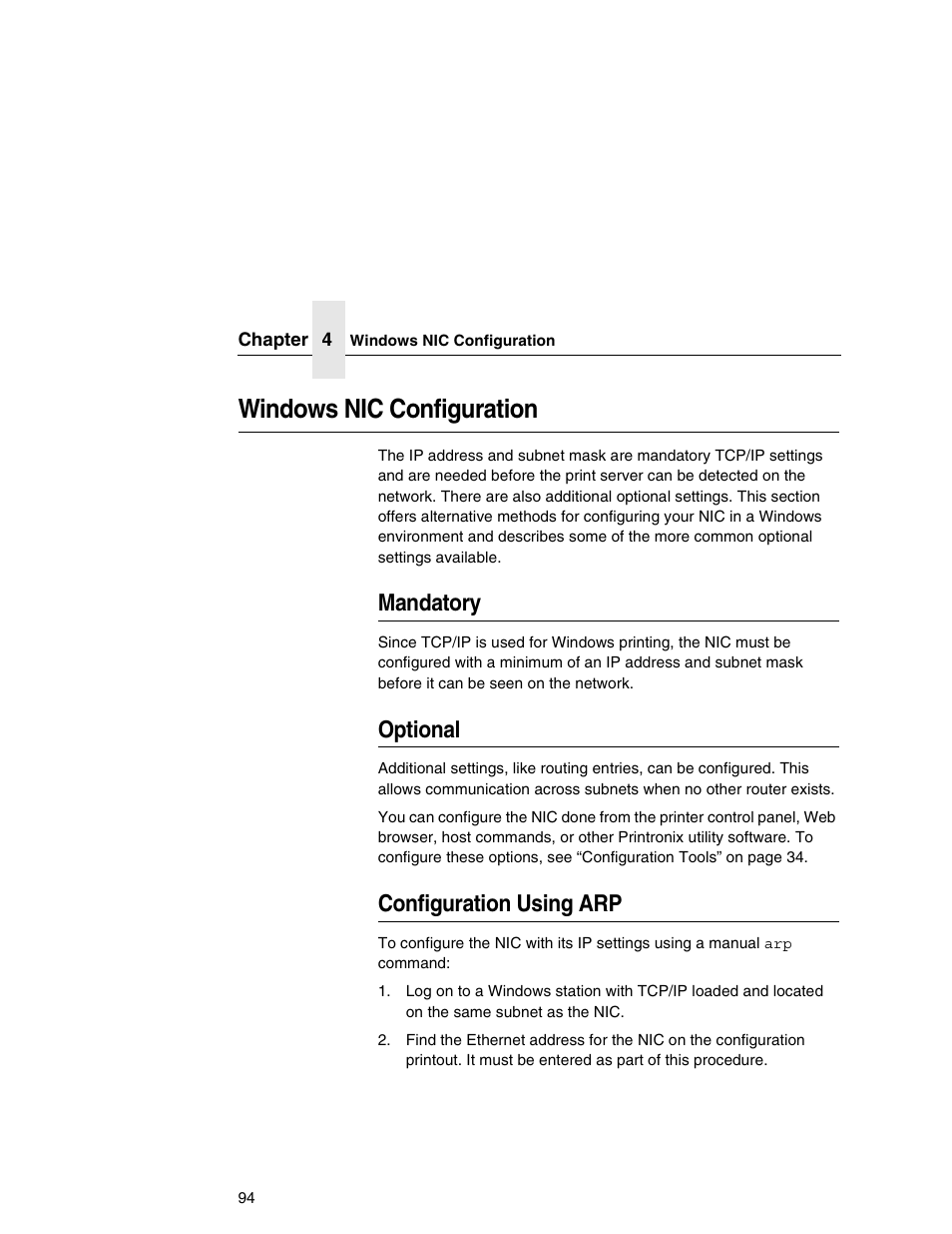 Windows nic configuration, Mandatory, Optional | Configuration using arp | Printronix Network Interface Card User Manual | Page 94 / 378