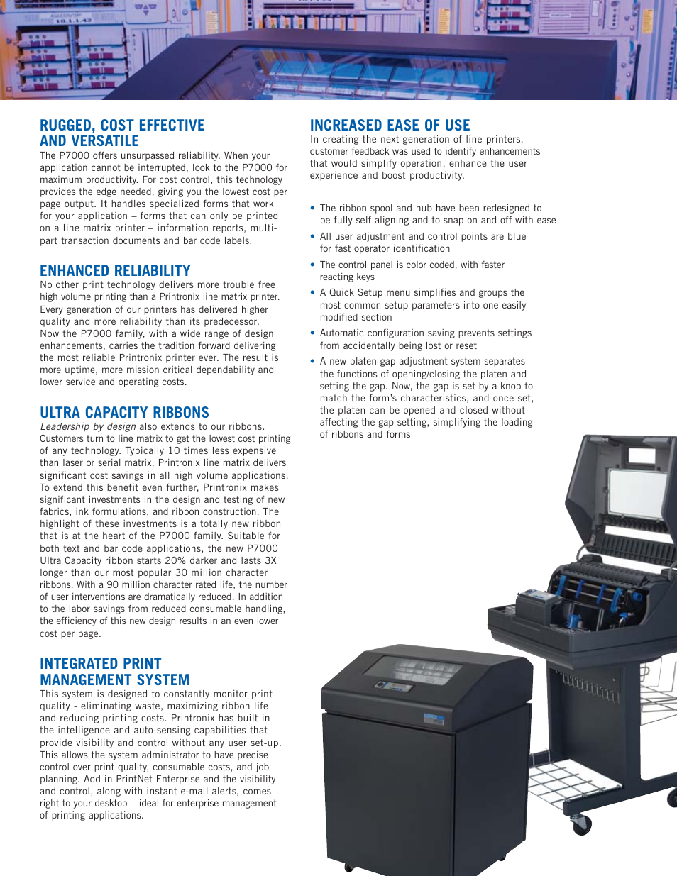 Rugged, cost effective and versatile, Enhanced reliability, Ultra capacity ribbons | Integrated print management system, Increased ease of use | Printronix laser printers User Manual | Page 7 / 12