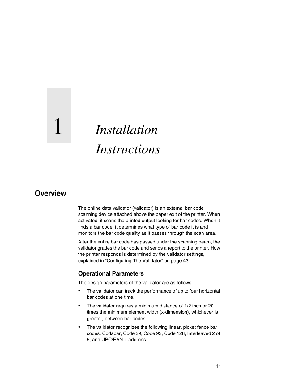 1 installation instructions, Overview, Operational parameters | Installation instructions | Printronix T5000e Series User Manual | Page 11 / 78