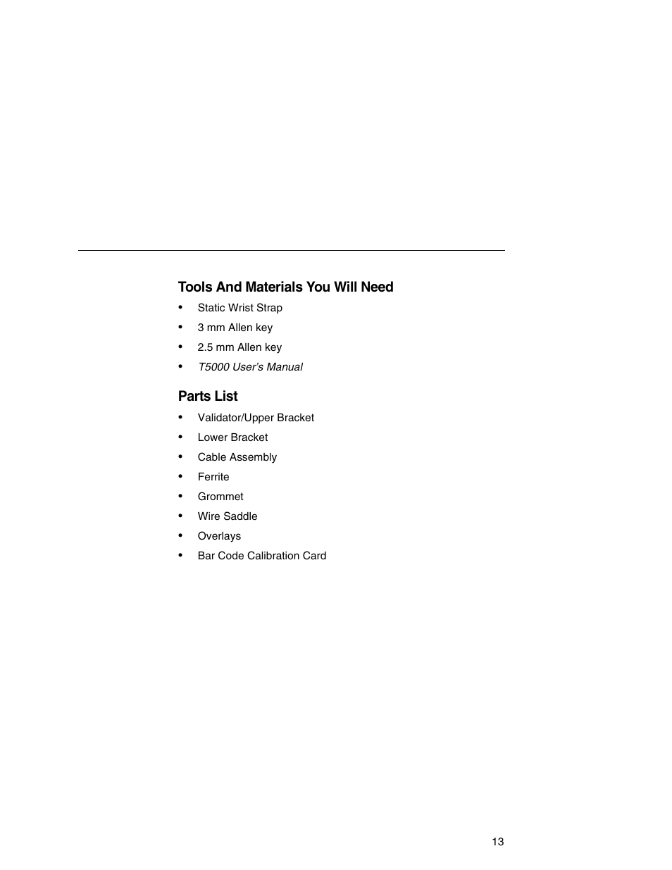 Tools and materials you will need, Parts list | Printronix T5000e Series User Manual | Page 13 / 78