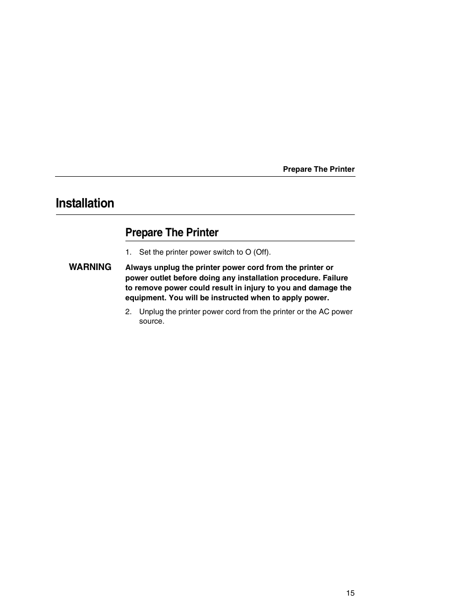 Installation, Prepare the printer | Printronix T5000e Series User Manual | Page 15 / 78