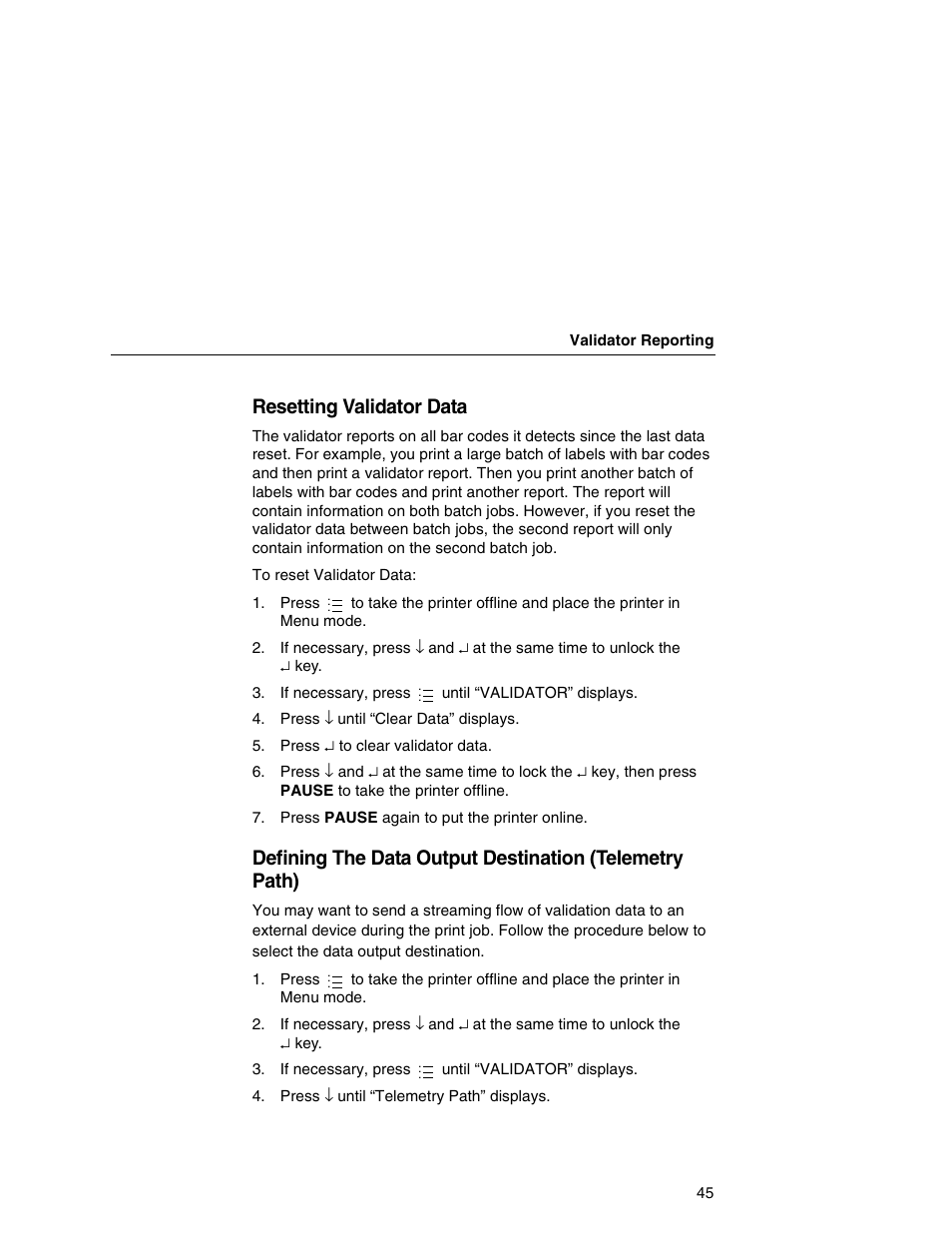 Resetting validator data | Printronix T5000e Series User Manual | Page 45 / 78