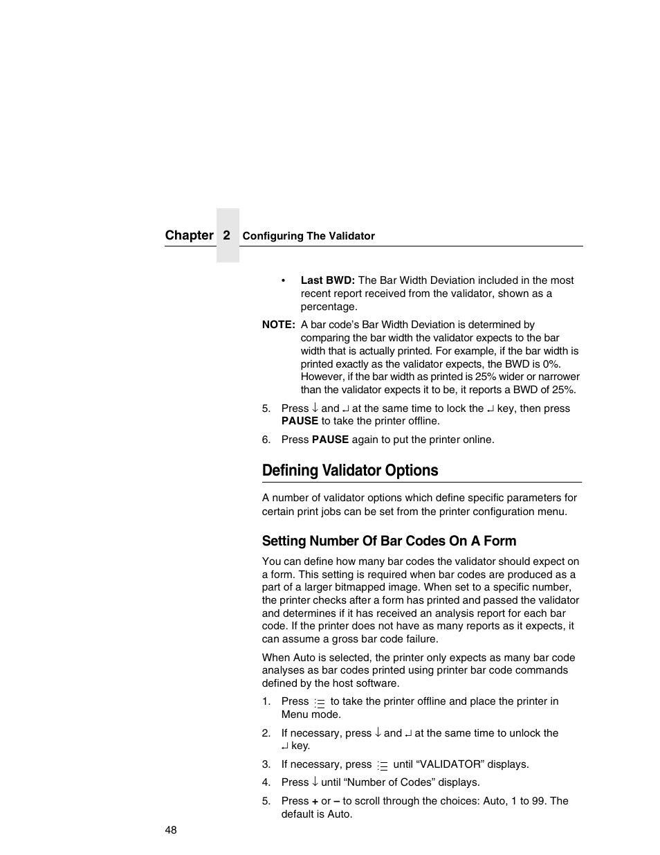 Defining validator options, Setting number of bar codes on a form | Printronix T5000e Series User Manual | Page 48 / 78