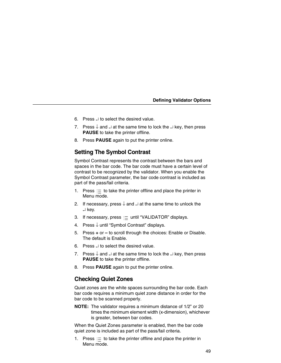 Setting the symbol contrast, Checking quiet zones | Printronix T5000e Series User Manual | Page 49 / 78