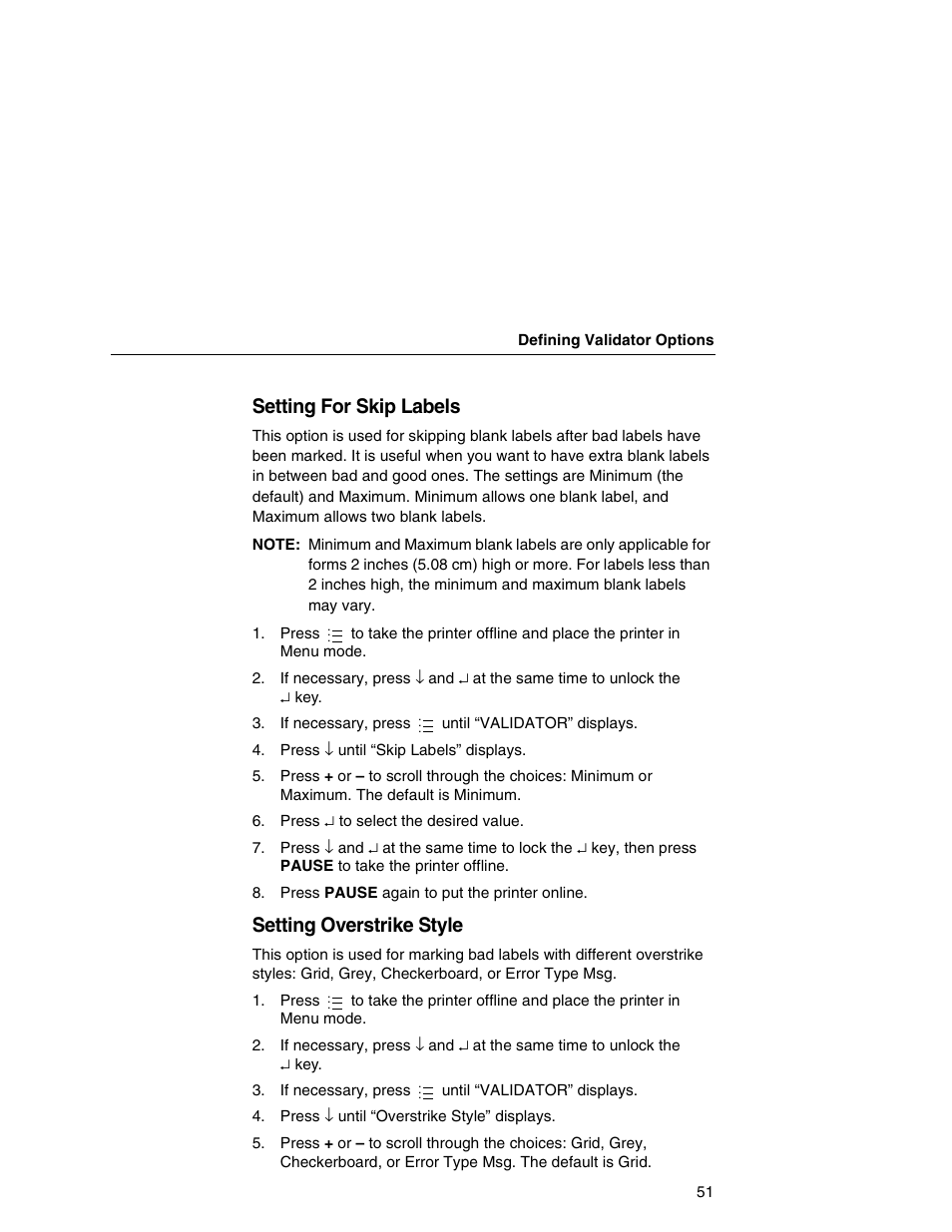 Setting for skip labels, Setting overstrike style | Printronix T5000e Series User Manual | Page 51 / 78