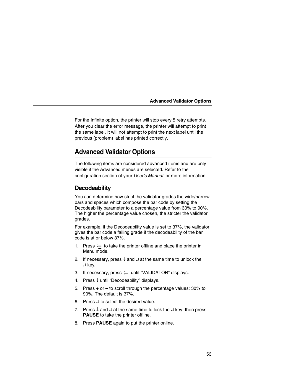 Advanced validator options, Decodeability | Printronix T5000e Series User Manual | Page 53 / 78