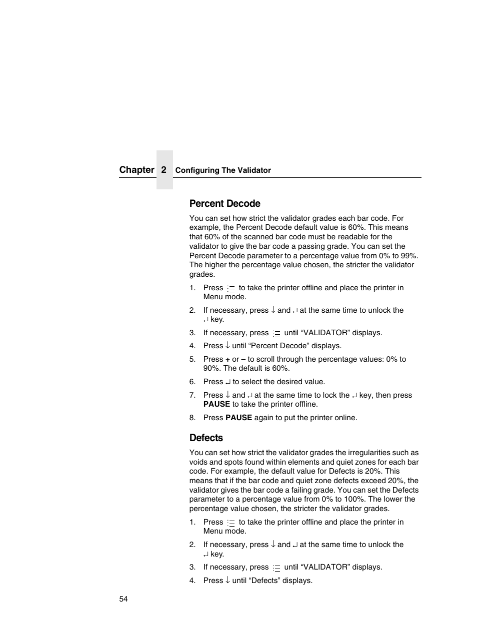 Percent decode, Defects | Printronix T5000e Series User Manual | Page 54 / 78